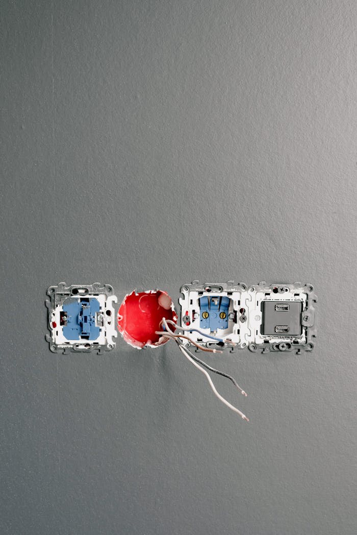 Mastering the First Impression: Your intriguing post title goes here Sockets with wires and bolts on gray painted wall at home during construction